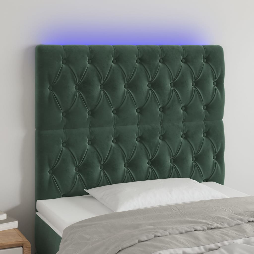 vidaXL sengegavl med LED-lys 100x7x118/128 cm fløjl mørkegrøn