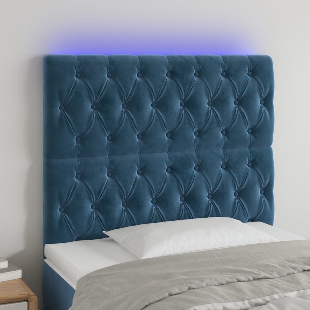 vidaXL sengegavl med LED-lys 100x7x118/128 cm fløjl mørkeblå
