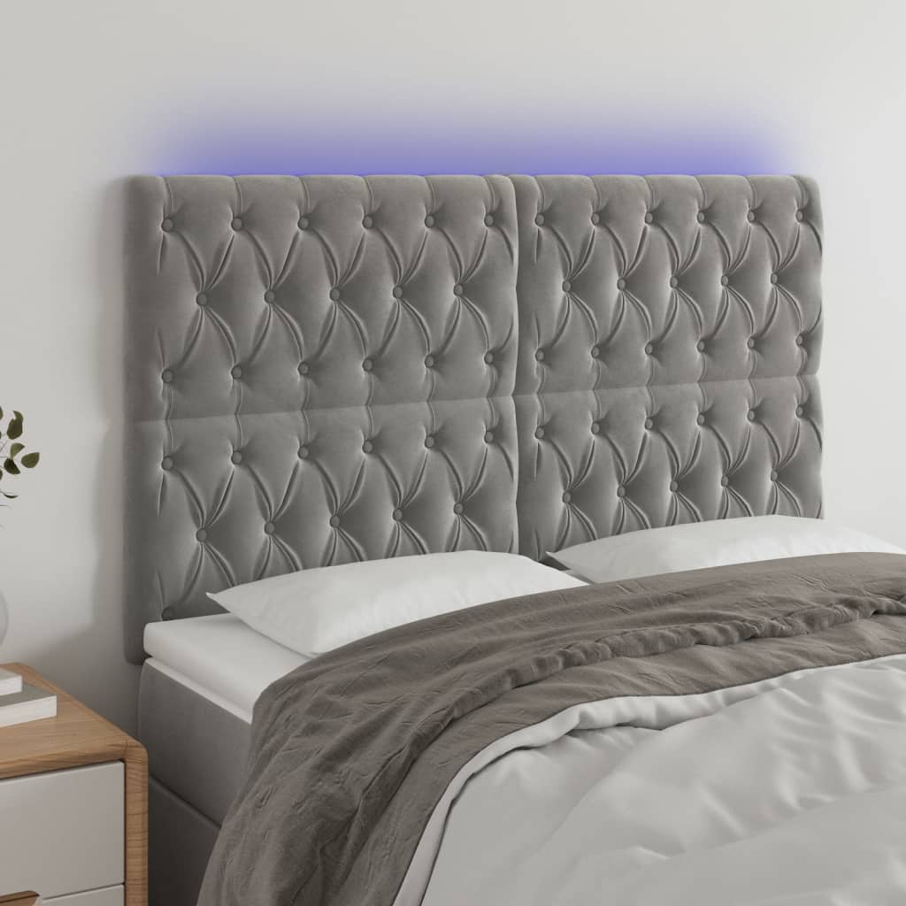 vidaXL Čelo postele s LED světle šedé 144x7x118/128 cm samet
