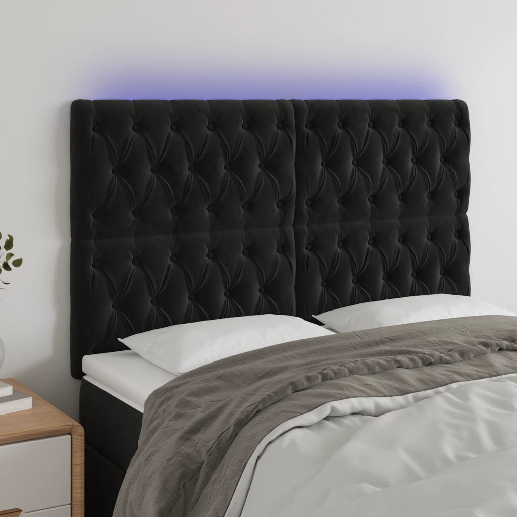 vidaXL Tăblie de pat cu LED, negru, 144x7x118/128 cm, catifea