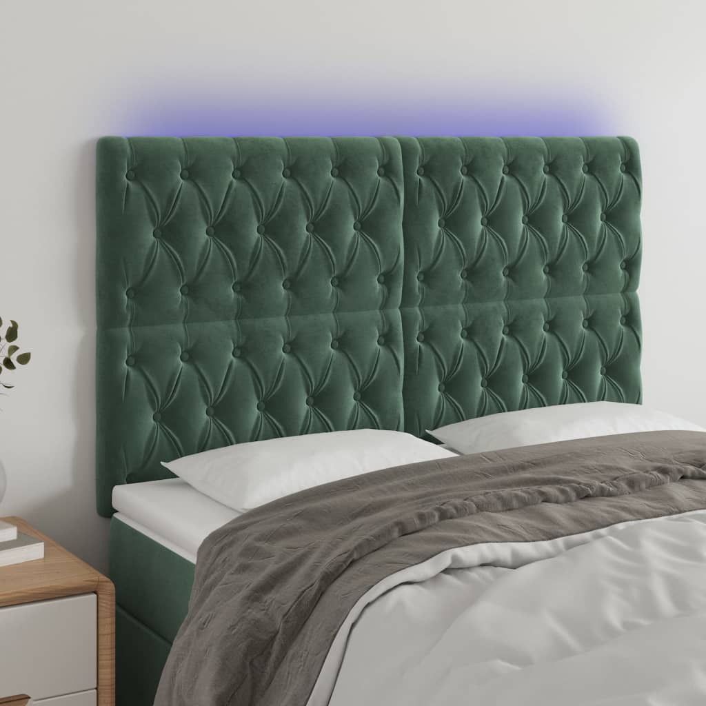 Čelo postele s LED tmavě zelené 144x7x118/128 cm samet