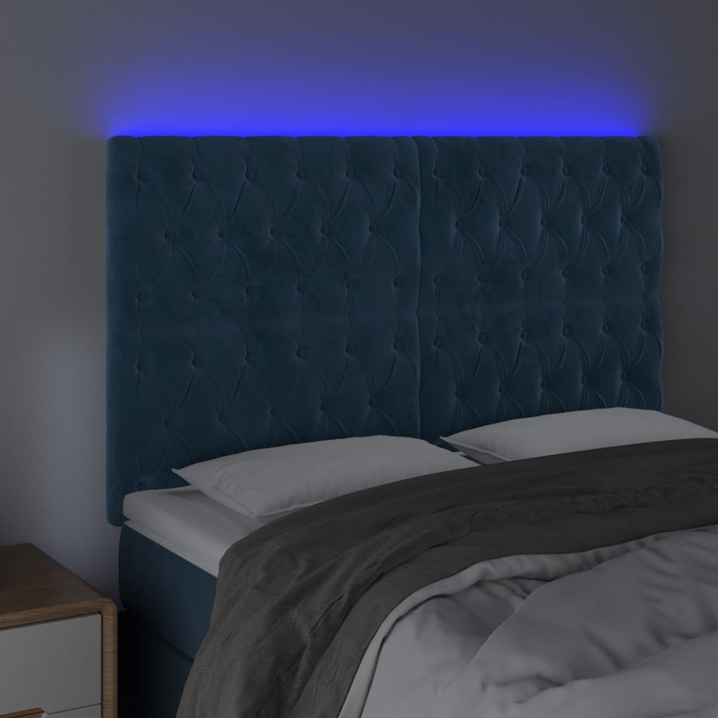 vidaXL Hoofdbord LED 144x7x118/128 cm fluweel donkerblauw afbeelding