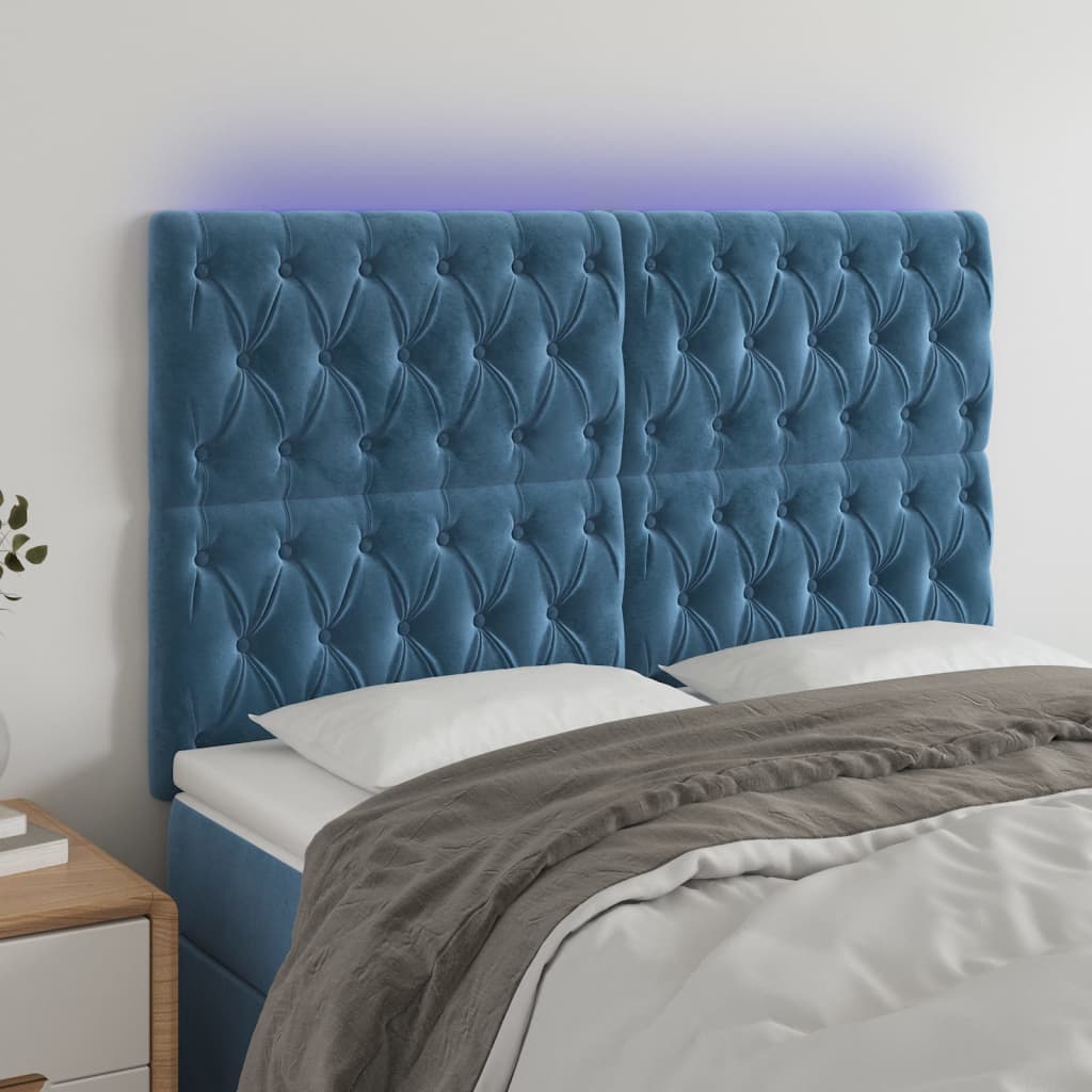 vidaXL Tăblie de pat cu LED, albastru închis, 144x7x118/128cm, catifea