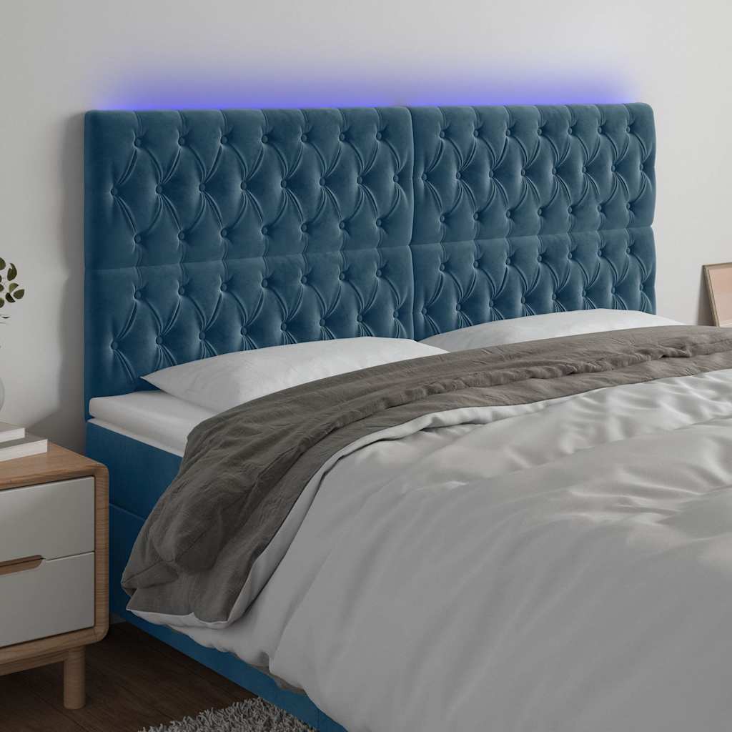 vidaXL sengegavl med LED-lys 180x7x118/128 cm fløjl mørkeblå