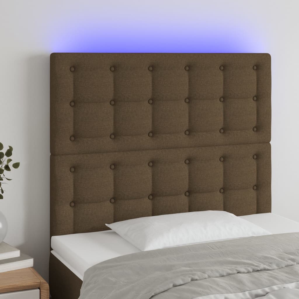 vidaXL sengegavl med LED-lys 90x5x118/128 cm stof mørkebrun