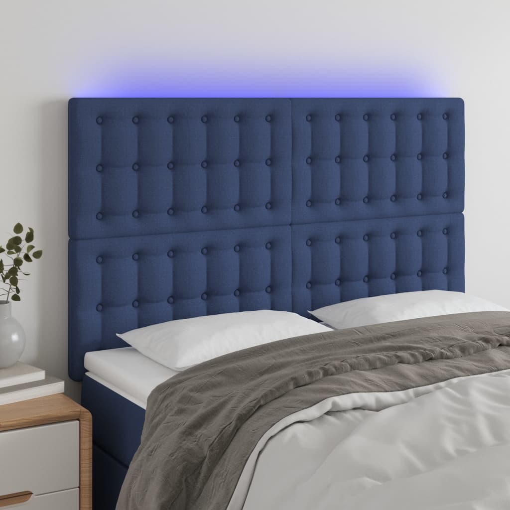vidaXL Čelo postele s LED modré 144x5x118/128 cm textil