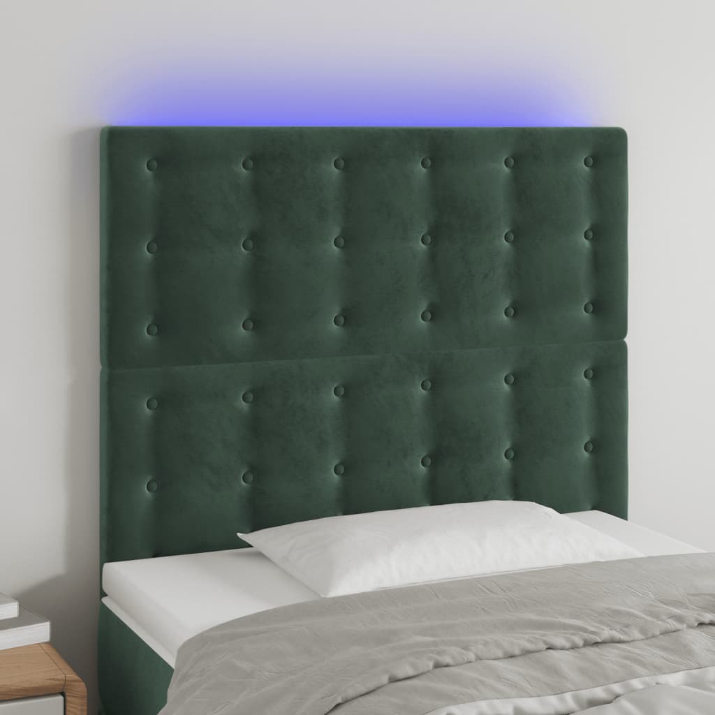 vidaXL sengegavl med LED-lys 90x5x118/128 cm fløjl mørkegrøn