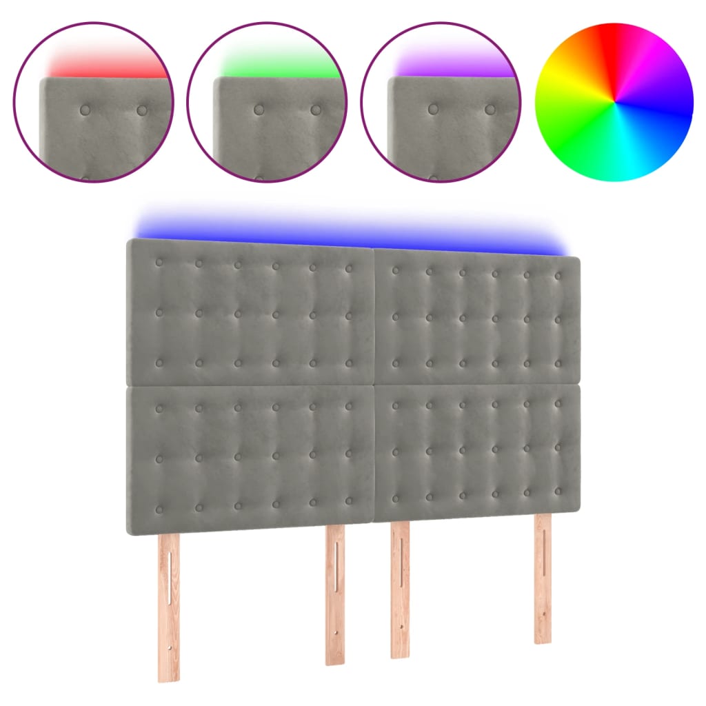 vidaXL Čelo postele s LED světle šedé 144x5x118/128 cm samet