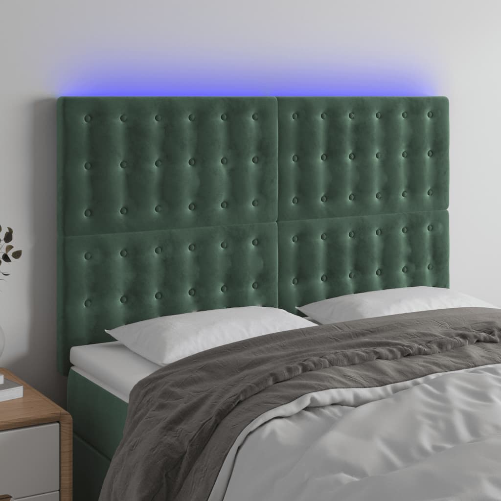 vidaXL Tăblie de pat cu LED, verde închis, 144x5x118/128 cm, catifea