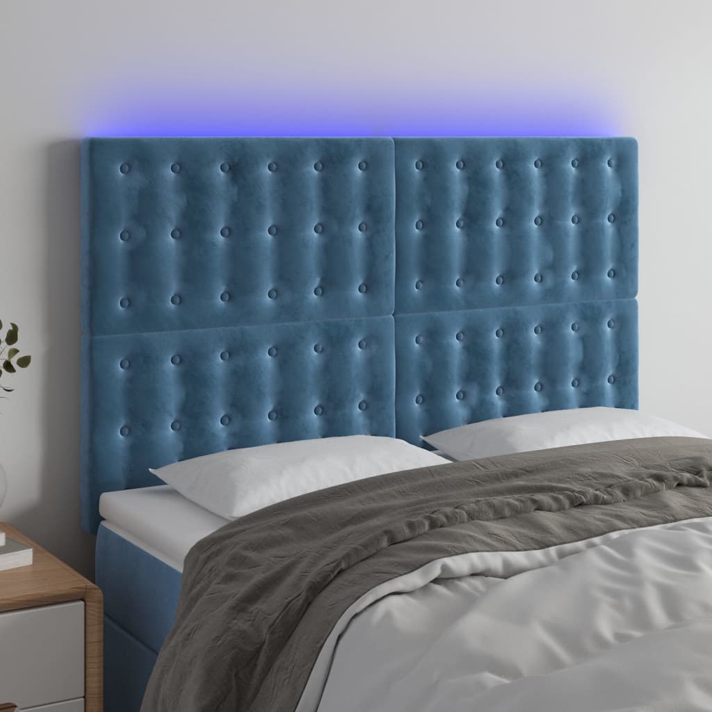 Čelo postele s LED tmavě modré 144x5x118/128 cm samet
