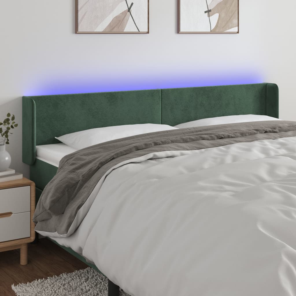 Čelo postele s LED tmavě zelené 163 x 16 x 78/88 cm samet