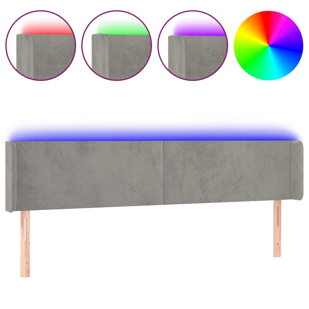 vidaXL Čelo postele s LED světle šedé 183 x 16 x 78/88 cm samet