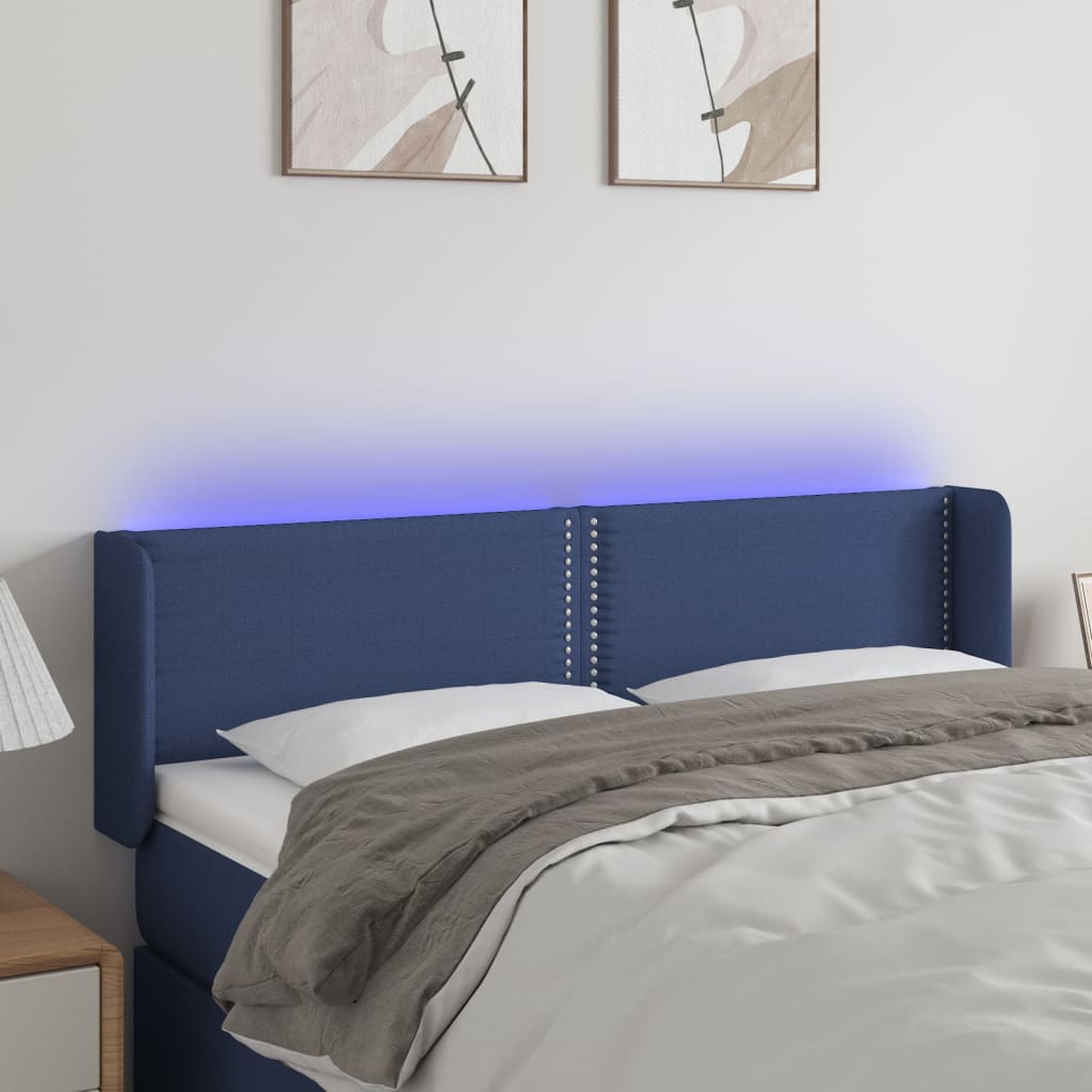 vidaXL sengegavl med LED-lys 147x16x78/88 cm stof blå