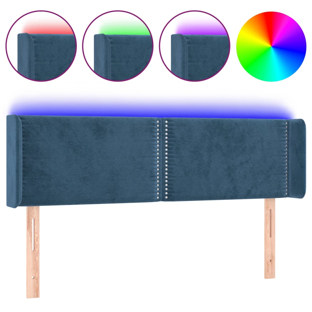 vidaXL Čelo postele s LED tmavě modré 147 x 16 x 78/88 cm samet