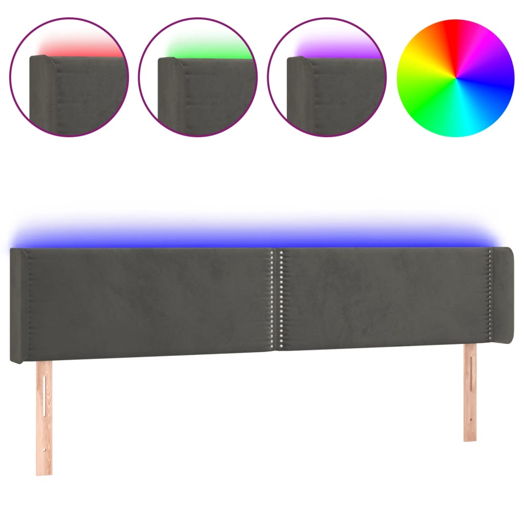 vidaXL Čelo postele s LED tmavě šedé 203 x 16 x 78/88 cm samet