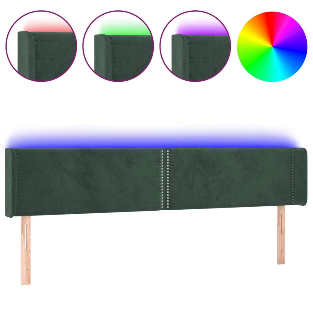 vidaXL Čelo postele s LED tmavě zelené 203 x 16 x 78/88 cm samet