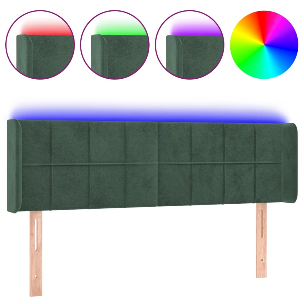 vidaXL Čelo postele s LED tmavě zelené 147 x 16 x 78/88 cm samet