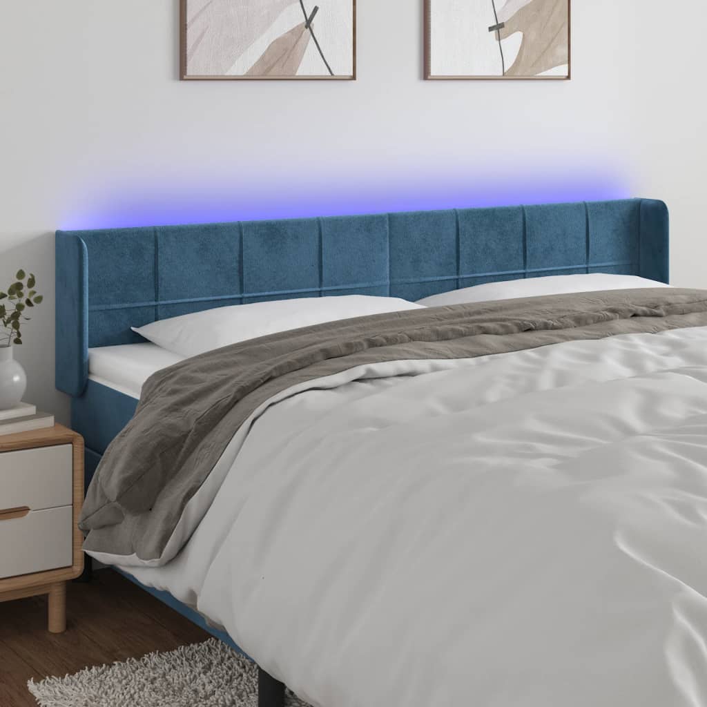 Čelo postele s LED tmavě modré 183 x 16 x 78/88 cm samet