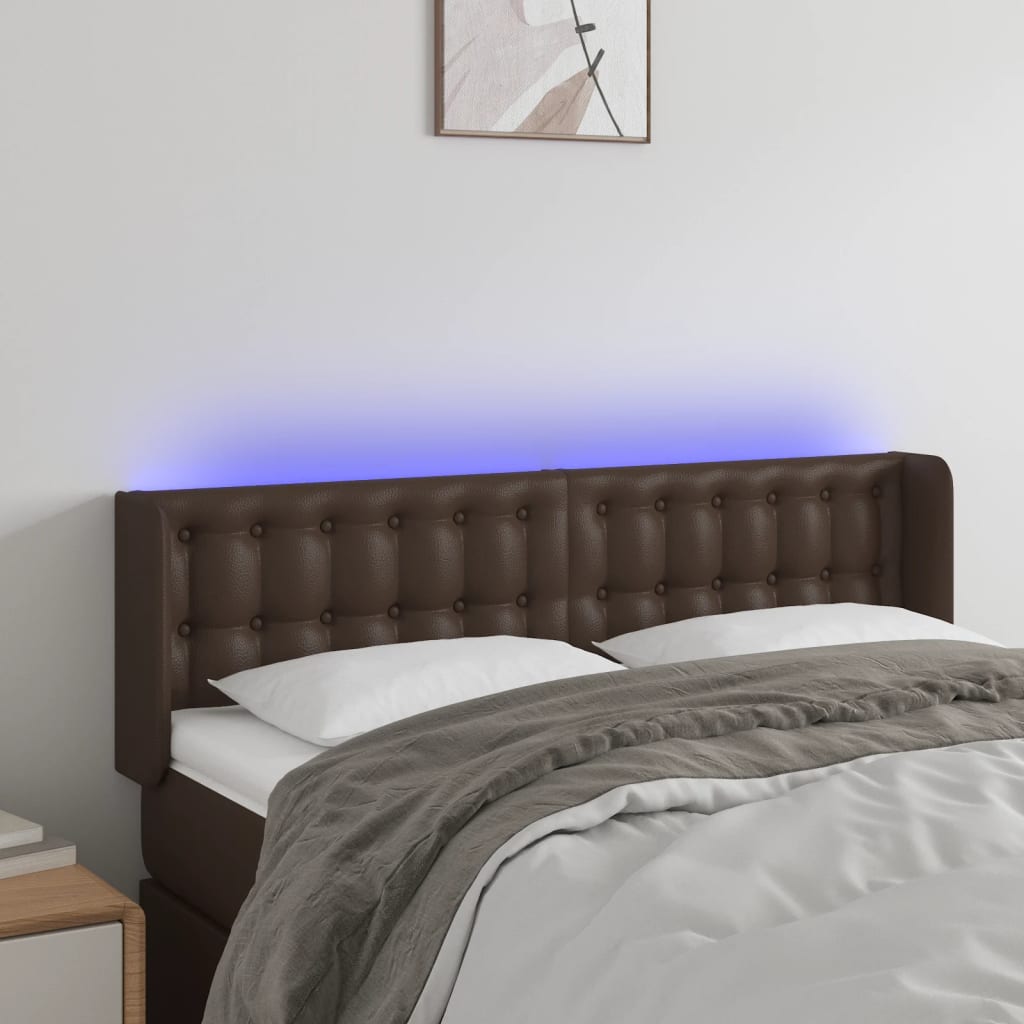 Čelo postele s LED hnědé 147 x 16 x 78/88 cm umělá kůže