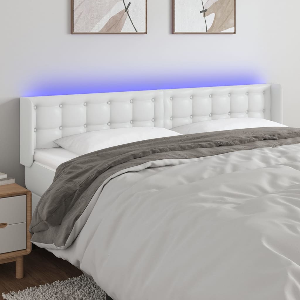vidaXL Tăblie de pat cu LED, alb, 163x16x78/88 cm, piele ecologică