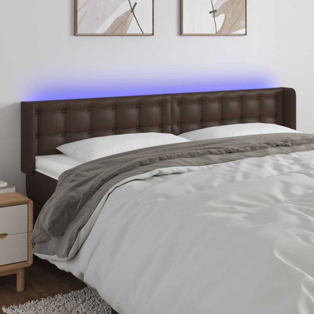 vidaXL Tăblie de pat cu LED, maro, 183x16x78/88 cm, piele ecologică