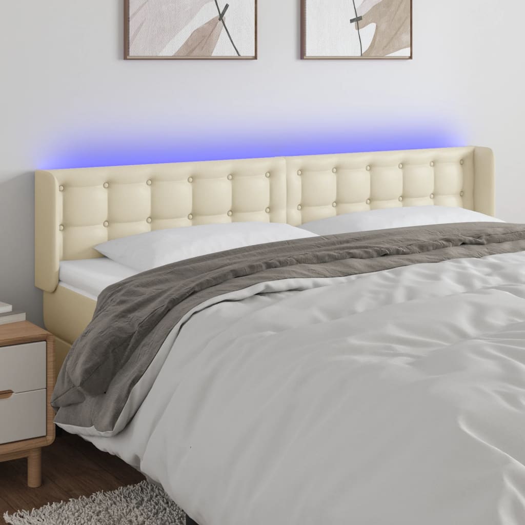 vidaXL Tăblie de pat cu LED, crem, 203x16x78/88 cm, piele ecologică