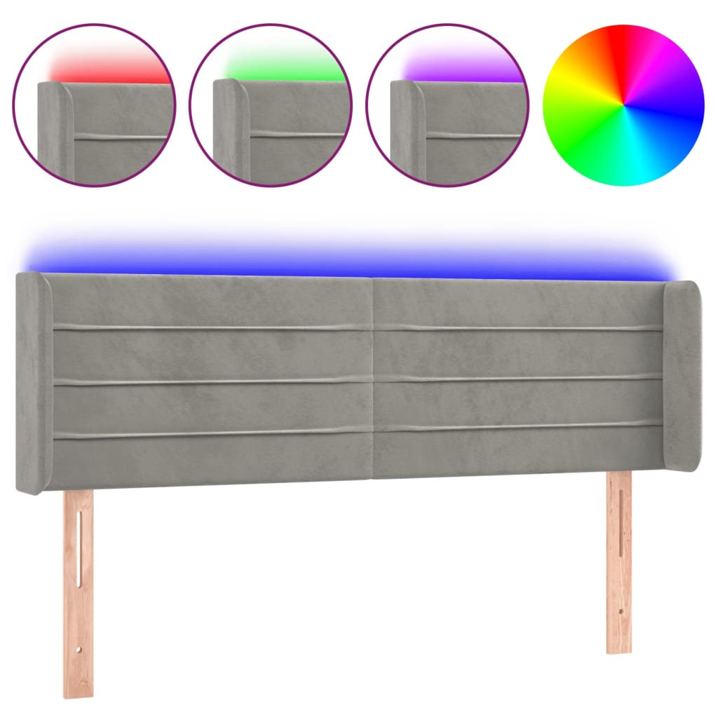 vidaXL Čelo postele s LED světle šedé 147 x 16 x 78/88 cm samet