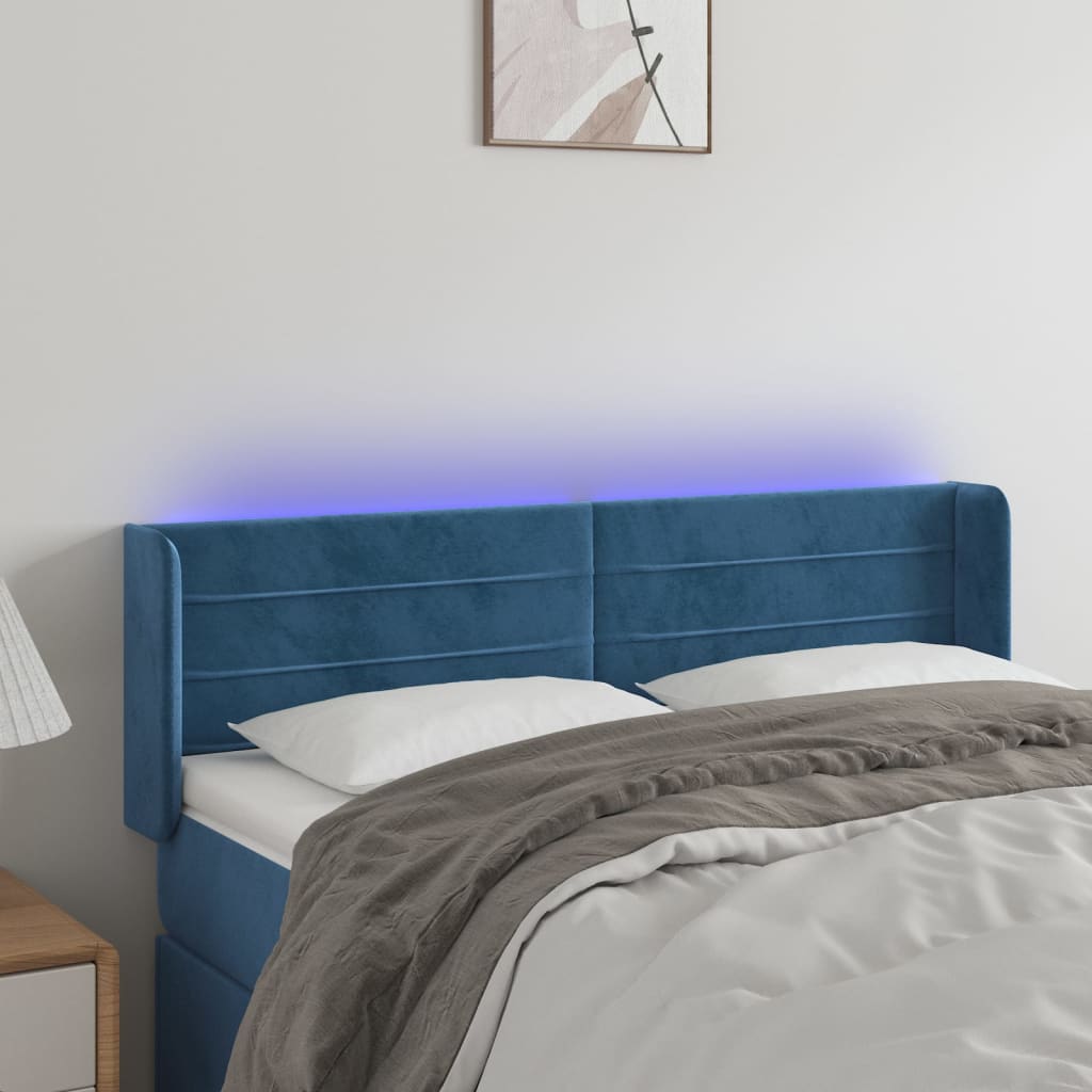Čelo postele s LED tmavě modré 147 x 16 x 78/88 cm samet