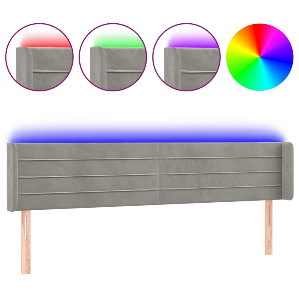 vidaXL Čelo postele s LED světle šedé 183 x 16 x 78/88 cm samet