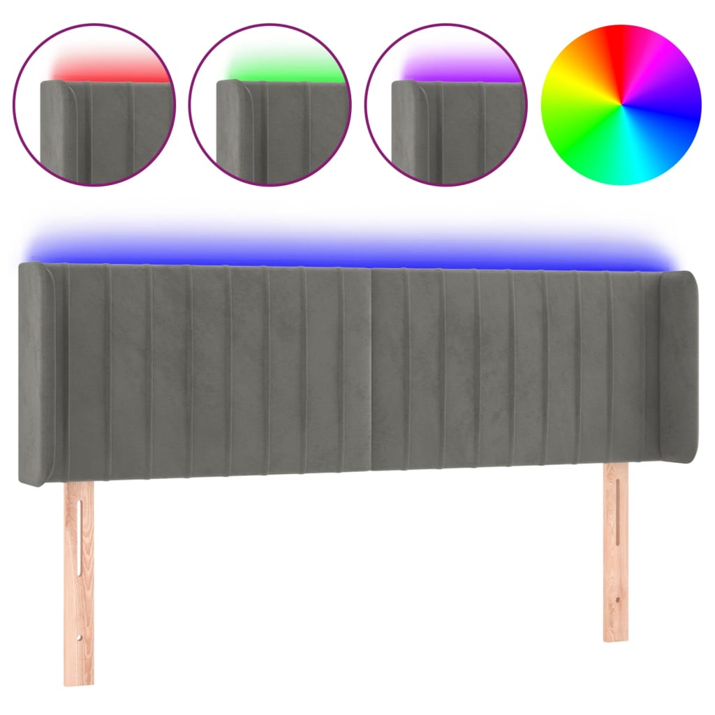 vidaXL Čelo postele s LED světle šedé 147 x 16 x 78/88 cm samet