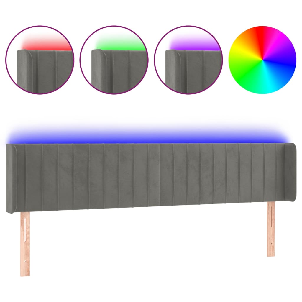 vidaXL Čelo postele s LED světle šedé 163 x 16 x 78/88 cm samet