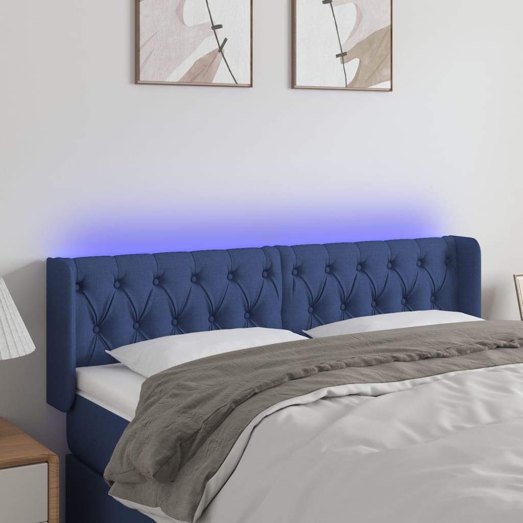 vidaXL Tăblie de pat cu LED, albastru, 163x16x78/88 cm, textil