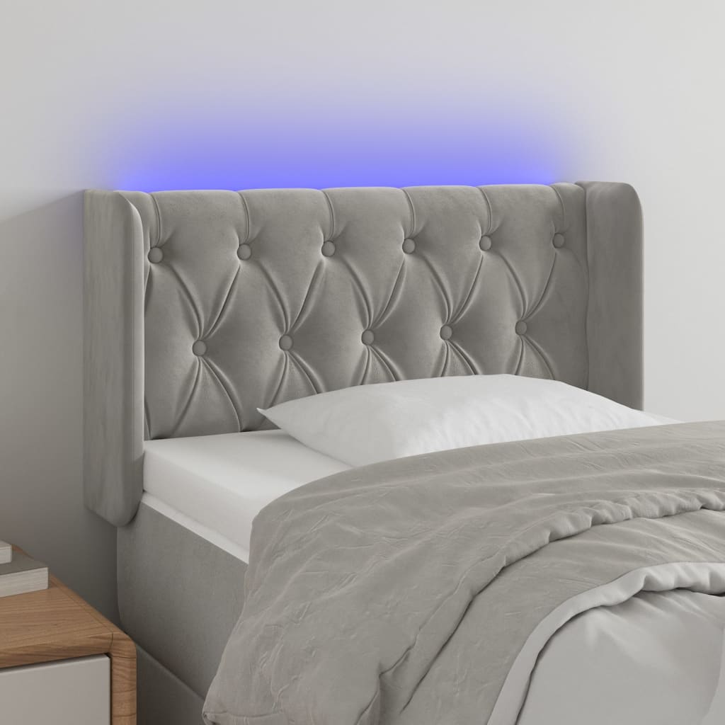 gultas galvgalis ar LED, 83x16x78/88 cm, gaiši pelēks samts | Stepinfit.lv