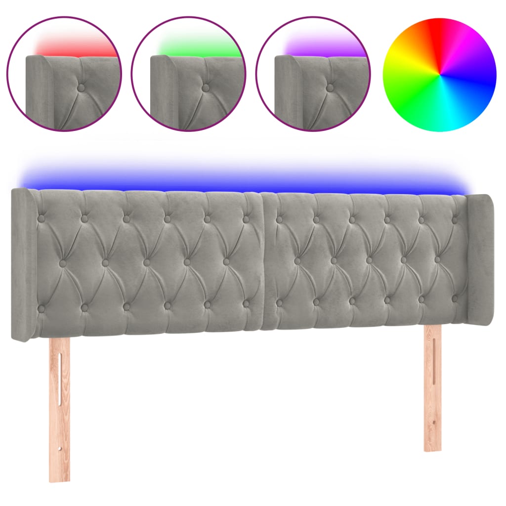 vidaXL Čelo postele s LED světle šedé 147 x 16 x 78/88 cm samet