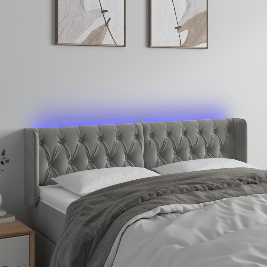 vidaXL Tăblie de pat cu LED, gri deschis, 147x16x78/88 cm, catifea