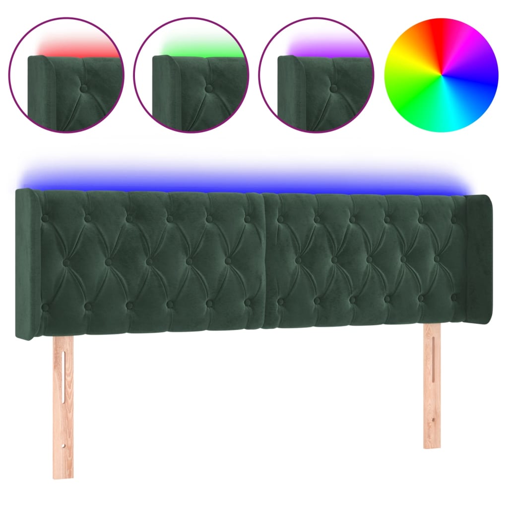 vidaXL Čelo postele s LED tmavě zelené 147 x 16 x 78/88 cm samet