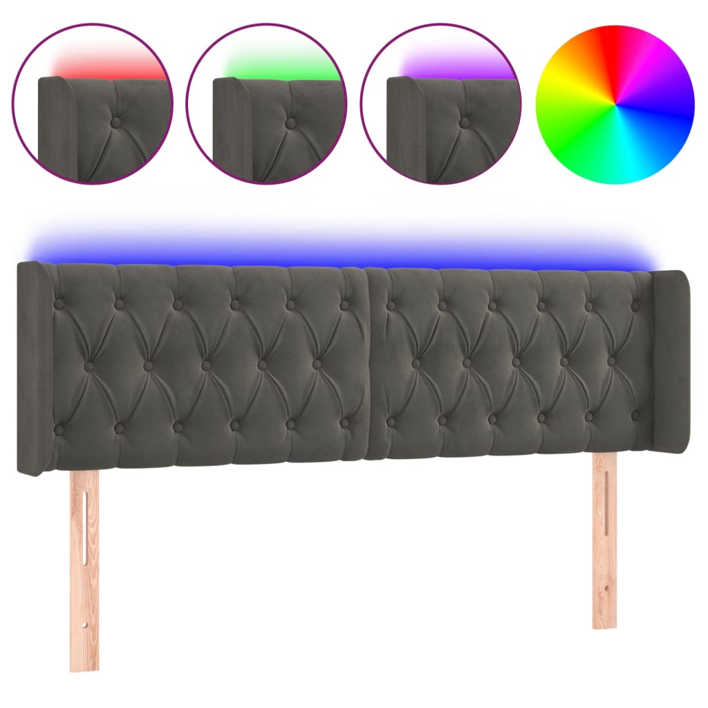 vidaXL Čelo postele s LED tmavě šedé 163 x 16 x 78/88 cm samet