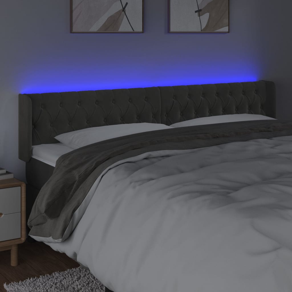 gultas galvgalis ar LED, 203x16x78/88 cm, tumši pelēks samts | Stepinfit.lv