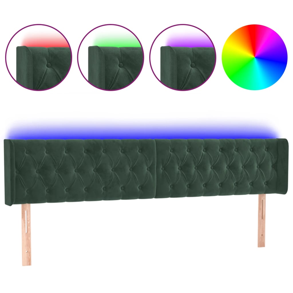 vidaXL Čelo postele s LED tmavě zelené 203 x 16 x 78/88 cm samet