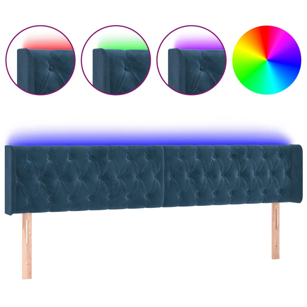 vidaXL Čelo postele s LED tmavě modré 203 x 16 x 78/88 cm samet