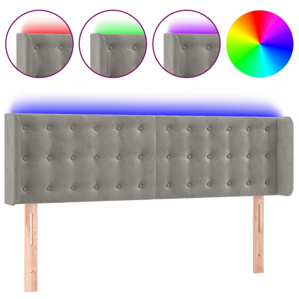 vidaXL Čelo postele s LED světle šedé 147 x 16 x 78/88 cm samet