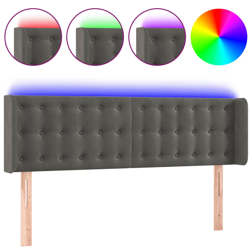 vidaXL Čelo postele s LED tmavě šedé 147 x 16 x 78/88 cm samet