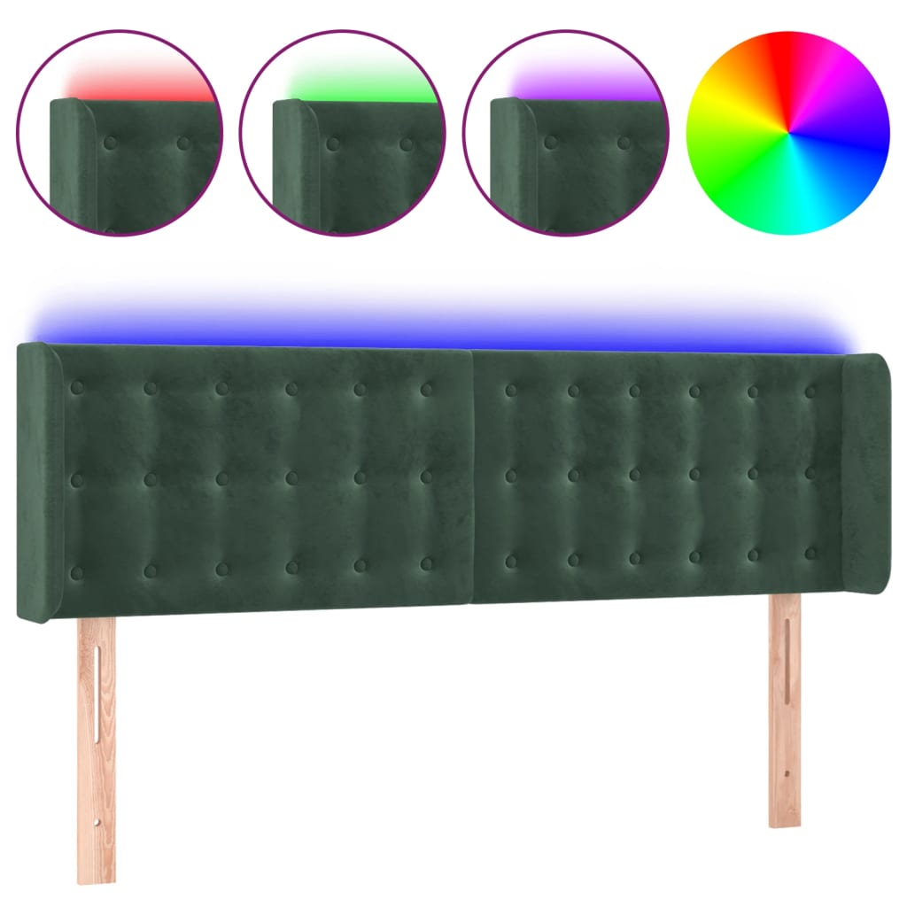 vidaXL Čelo postele s LED tmavě zelené 147 x 16 x 78/88 cm samet