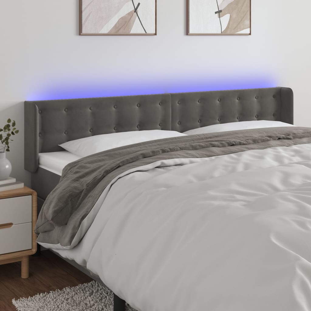 Čelo postele s LED tmavě šedé 203 x 16 x 78/88 cm samet