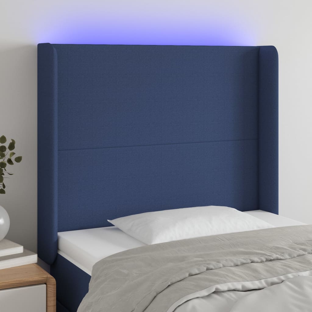 vidaXL sengegavl med LED-lys 103x16x118/128 cm stof blå