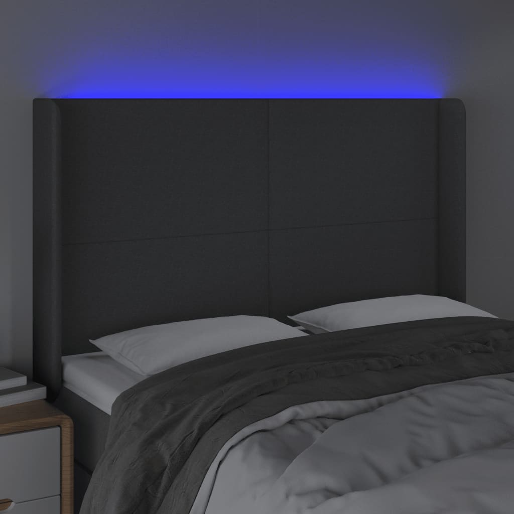 gultas galvgalis ar LED, 147x16x118/128 cm, tumši pelēks audums | Stepinfit.lv