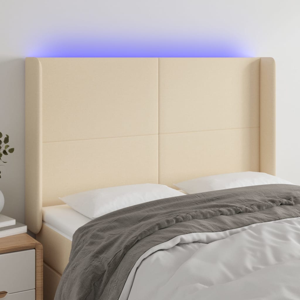 gultas galvgalis ar LED, 147x16x118/128 cm, krēmkrāsas audums | Stepinfit.lv