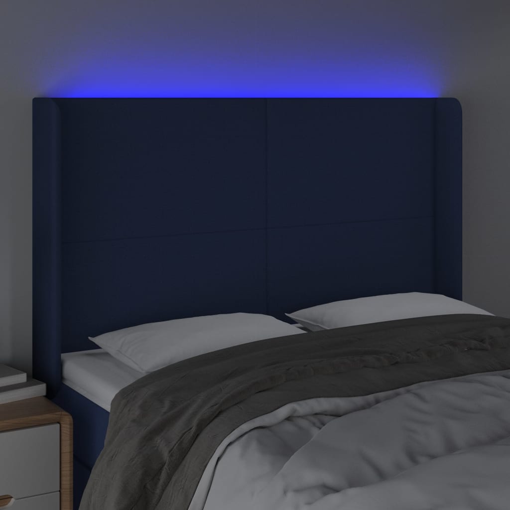 gultas galvgalis ar LED, 147x16x118/128 cm, zils audums | Stepinfit.lv