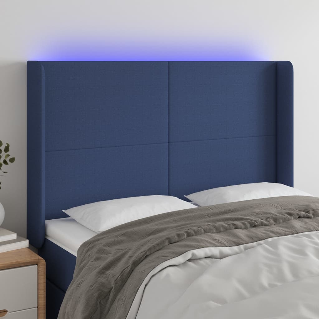 vidaXL Čelo postele s LED modré 147 x 16 x 118/128 cm textil