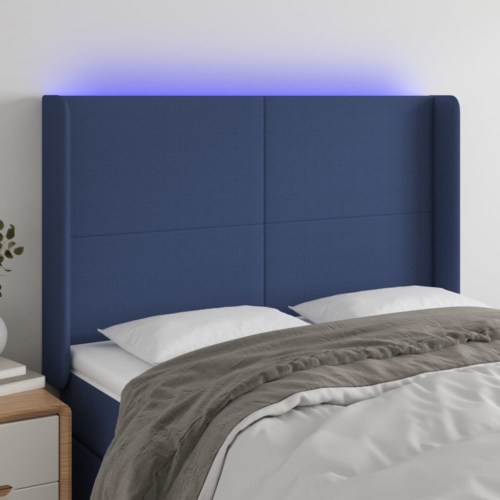 vidaXL LED Kopfteil Blau 147x16x118/128 cm Stoff